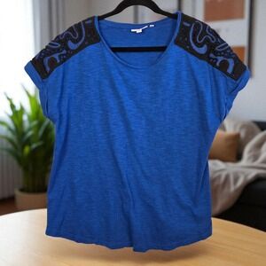 Chico's Crochet Shoulder‎ Blue Short Sleeve Top Size 3 (XL)